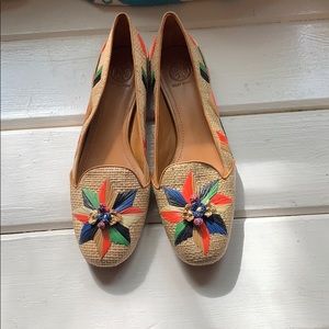 Tory Burch Straw Flats with intricate work